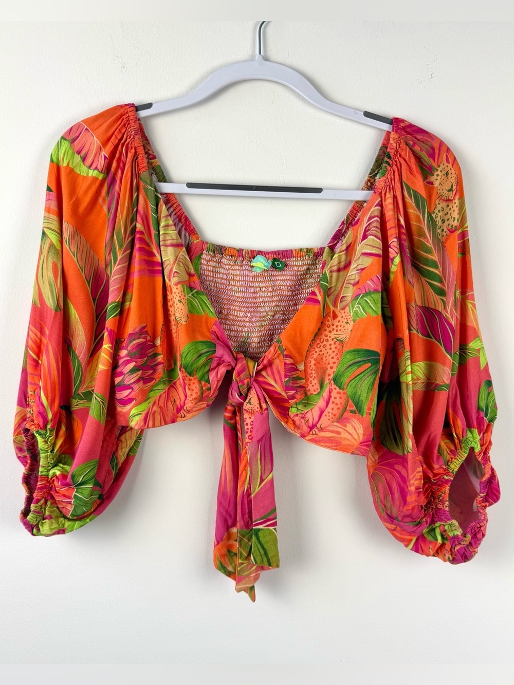 Farm Rio Tropical Tie Front Puff Sleeve Crop Top
